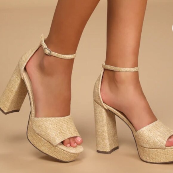 Lulul's Kinuka Natural Raffia Ankle Strap High Heel Platform Sandals - Picture 2 of 8